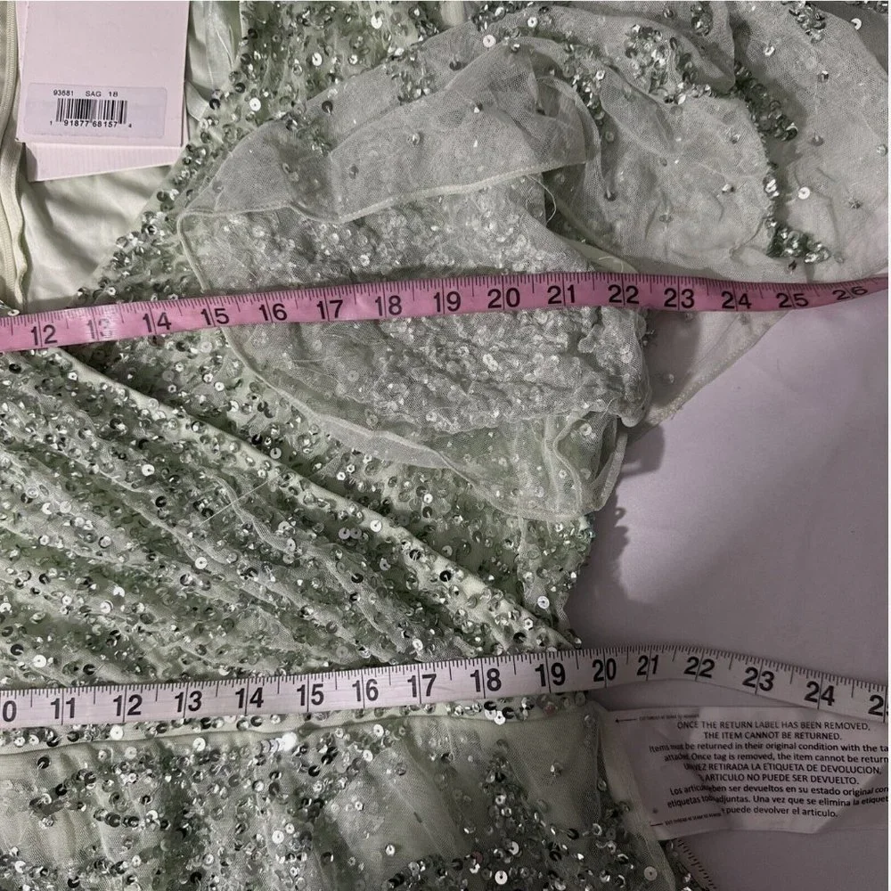 NWT $498 Mac Duggal [‎ 18 ] Sequined Butterfly Sleeve High Low Gown Sage Greeen
